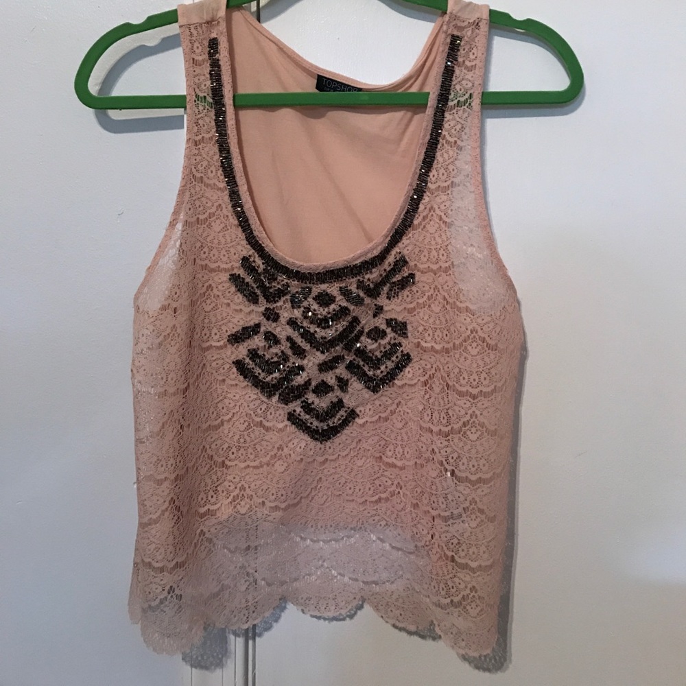TOPSHOP Pale pink/mauve beaded lace tank top. Beads are brown
